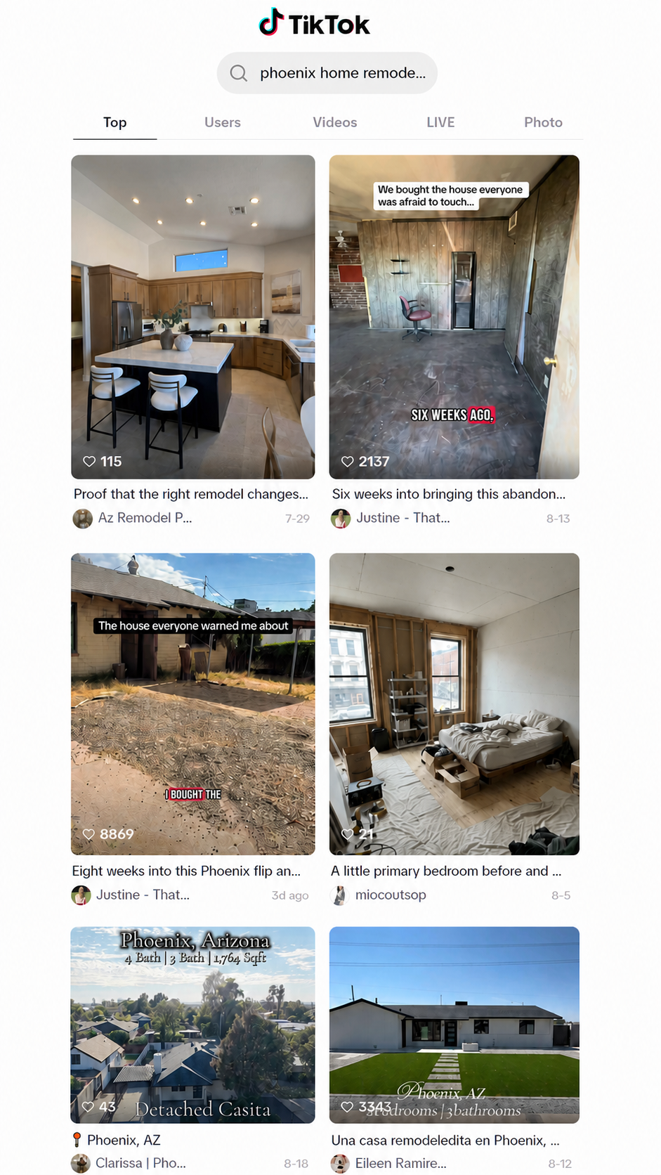 TikTok search results for phoenix home remodeling on the Top tab, captured Aug 27, 2026